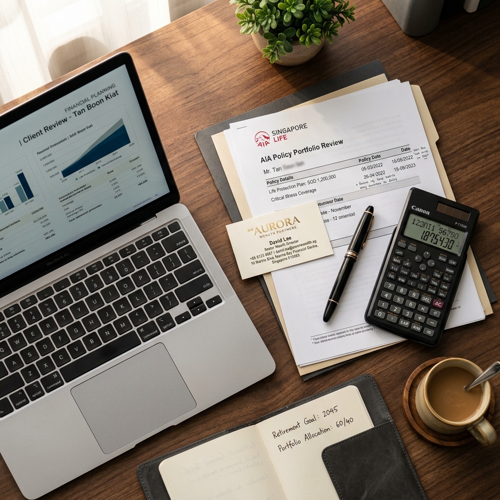 Financial planning documents with laptop and calculator