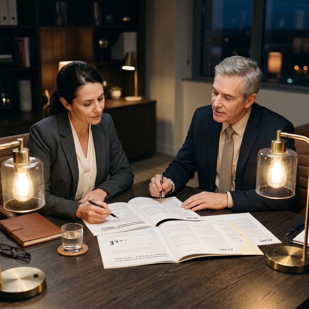Professionals reviewing policy and claims documents